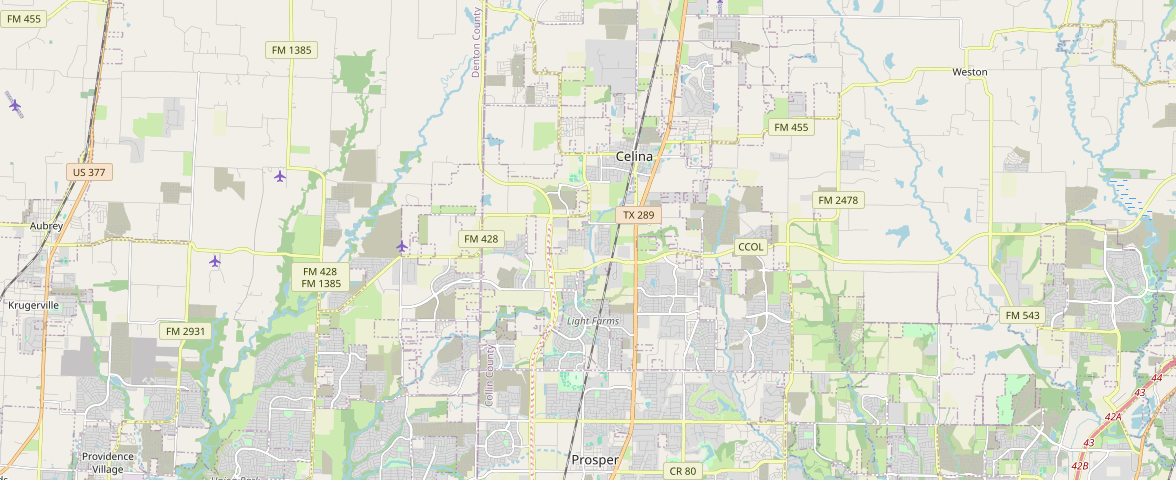 Map showing Celina, Light Farms, Prosper, Aubrey and roads through the surrounding area