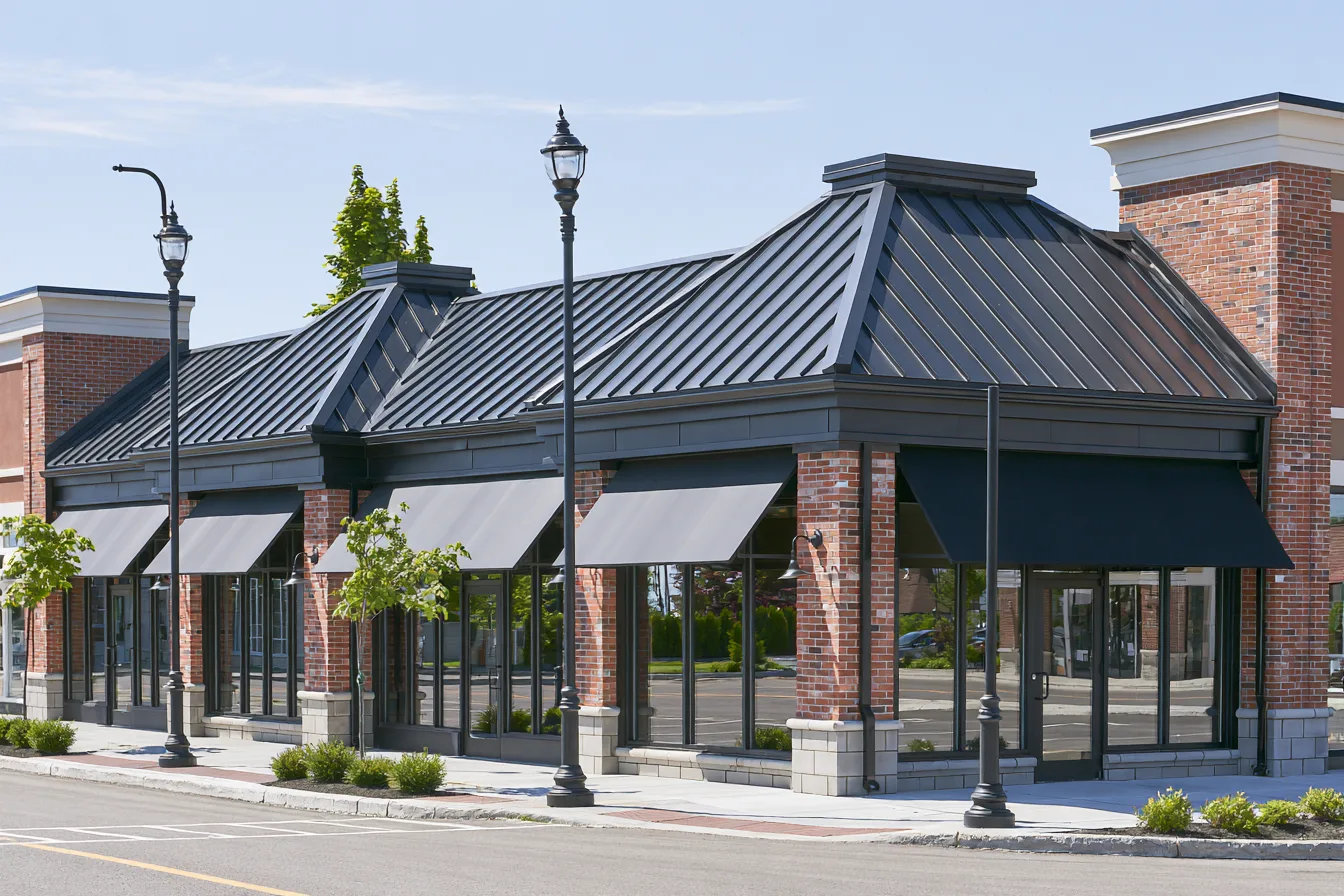Retail strip building with a clean metal roof